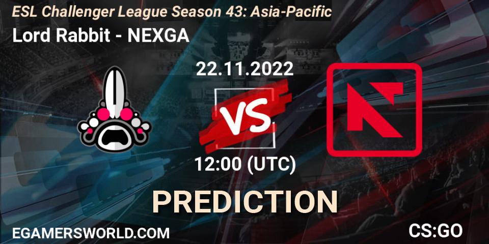 Pronósticos Lord Rabbit - NEXGA. 22.11.2022 at 12:00. ESL Challenger League Season 43: Asia-Pacific - Counter-Strike (CS2)