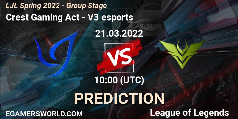Pronósticos Crest Gaming Act - V3 esports. 21.03.2022 at 10:00. LJL Spring 2022 - Group Stage - LoL