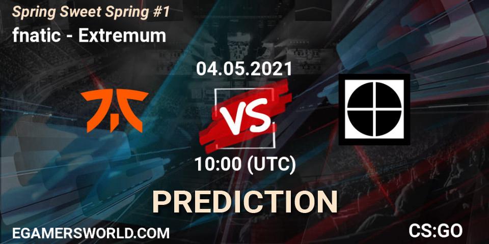 Pronósticos fnatic - Extremum. 04.05.2021 at 10:00. Spring Sweet Spring #1 - Counter-Strike (CS2)