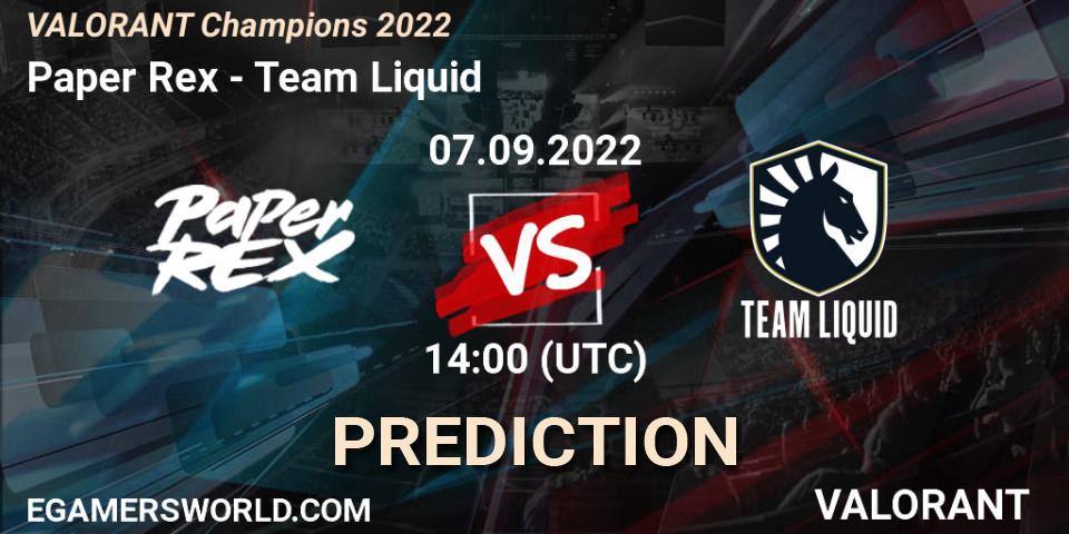 Pronósticos Paper Rex - Team Liquid. 07.09.2022 at 14:15. VALORANT Champions 2022 - VALORANT