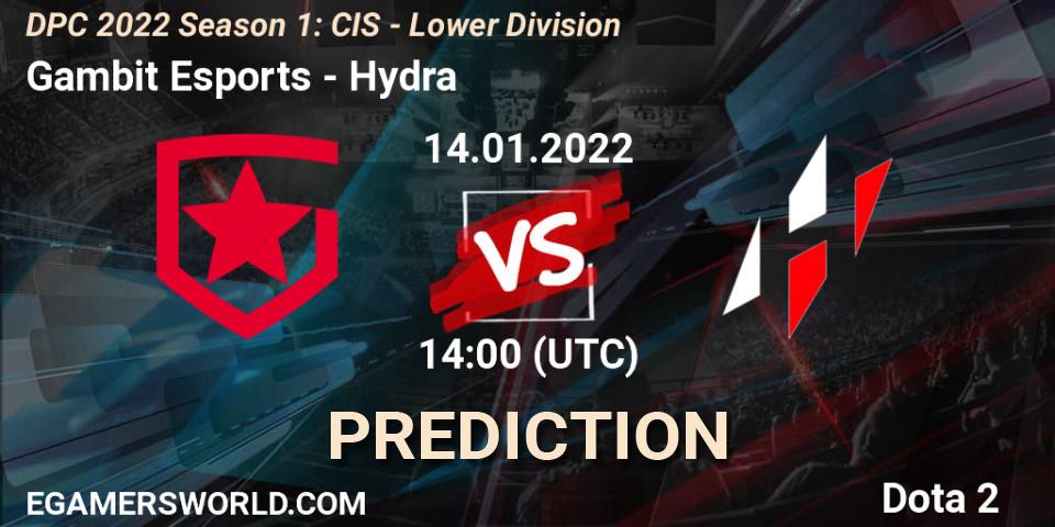 Pronósticos Gambit Esports - Hydra. 14.01.2022 at 14:01. DPC 2022 Season 1: CIS - Lower Division - Dota 2