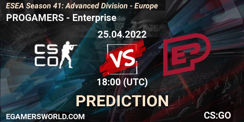 Pronósticos ProGamers - Enterprise. 25.04.2022 at 18:00. ESEA Season 41: Advanced Division - Europe - Counter-Strike (CS2)