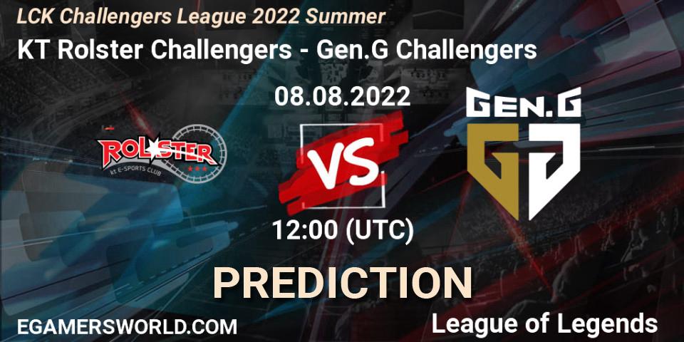 Pronósticos KT Rolster Challengers - Gen.G Challengers. 08.08.2022 at 12:00. LCK Challengers League 2022 Summer - LoL