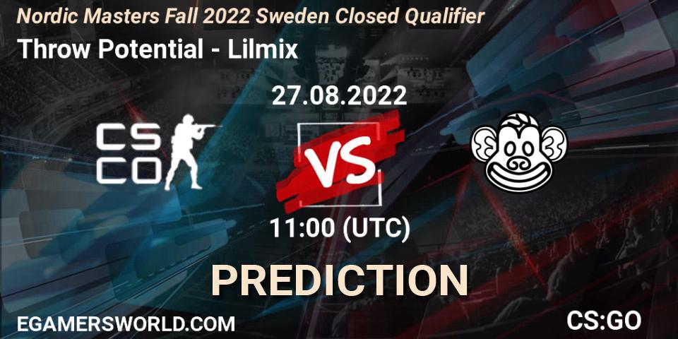 Pronósticos Throw Potential - Lilmix. 27.08.2022 at 11:00. Nordic Masters Fall 2022 Sweden Closed Qualifier - Counter-Strike (CS2)