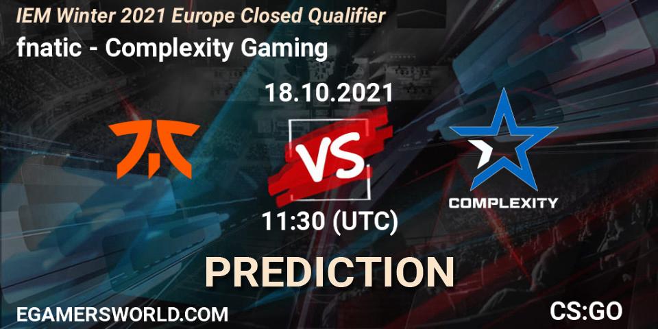 Pronósticos fnatic - Complexity Gaming. 18.10.2021 at 11:30. IEM Winter 2021 Europe Closed Qualifier - Counter-Strike (CS2)