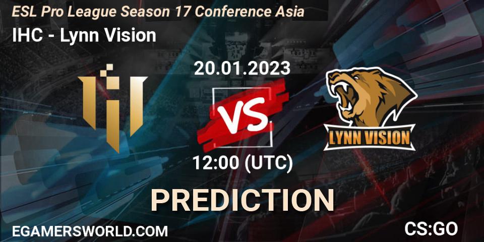 Pronósticos IHC - Lynn Vision. 20.01.2023 at 12:00. ESL Pro League Season 17 Conference Asia - Counter-Strike (CS2)