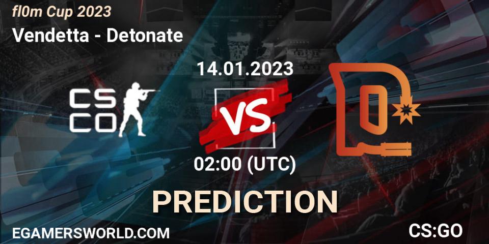Pronósticos Vendetta - Detonate. 14.01.2023 at 02:00. fl0m Cup 2023 - Counter-Strike (CS2)