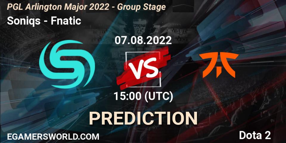 Pronósticos Soniqs - Fnatic. 07.08.2022 at 15:00. PGL Arlington Major 2022 - Group Stage - Dota 2