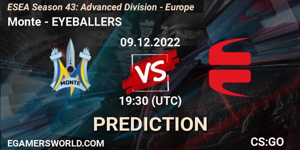 Pronósticos Monte - EYEBALLERS. 08.12.2022 at 15:00. ESEA Season 43: Advanced Division - Europe - Counter-Strike (CS2)