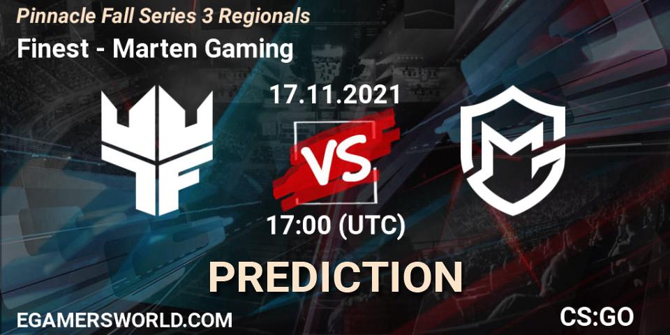 Pronósticos Finest - Marten Gaming. 17.11.2021 at 17:15. Pinnacle Fall Series 3 Regionals - Counter-Strike (CS2)