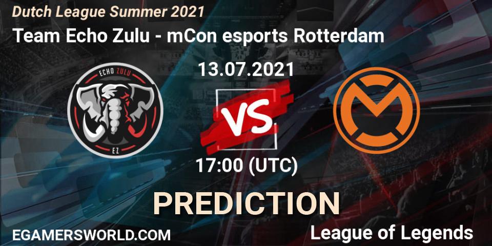 Pronósticos Team Echo Zulu - mCon esports Rotterdam. 15.06.2021 at 20:15. Dutch League Summer 2021 - LoL