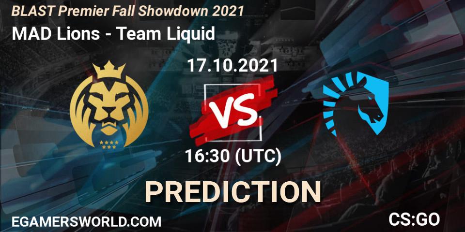 Pronósticos MAD Lions - Team Liquid. 17.10.2021 at 16:20. BLAST Premier Fall Showdown 2021 - Counter-Strike (CS2)
