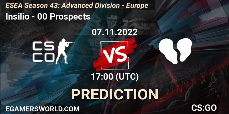 Pronósticos Insilio - 00 Prospects. 07.11.2022 at 17:00. ESEA Season 43: Advanced Division - Europe - Counter-Strike (CS2)