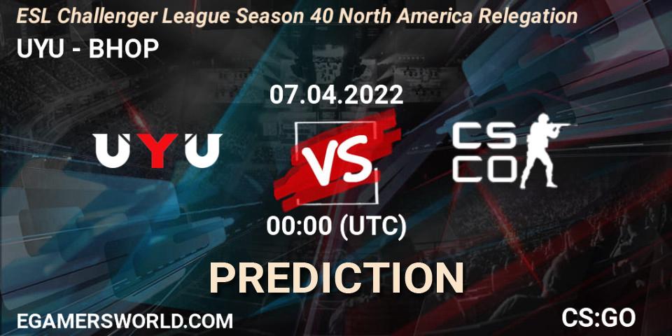 Pronósticos UYU - BHOP. 07.04.2022 at 00:00. ESL Challenger League Season 40 North America Relegation - Counter-Strike (CS2)