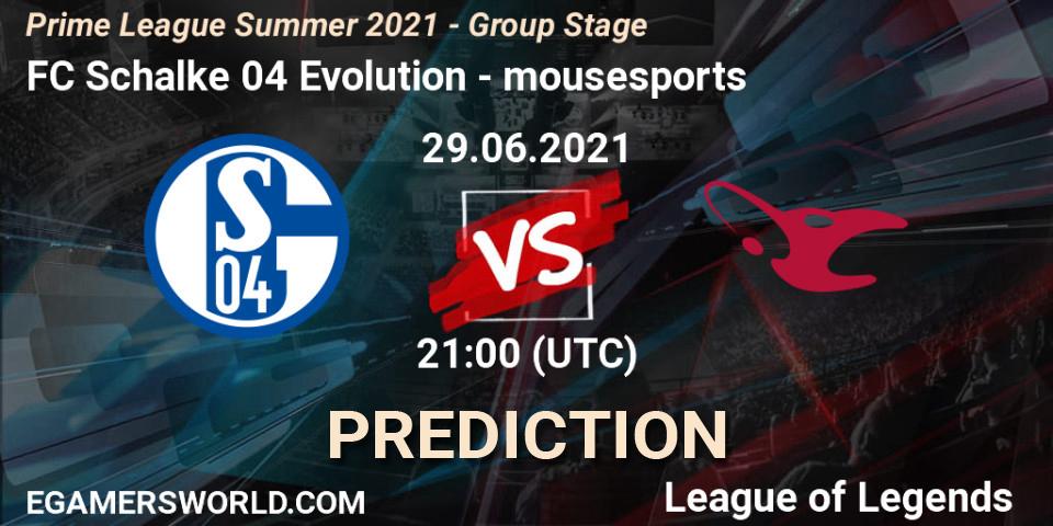 Pronósticos FC Schalke 04 Evolution - mousesports. 29.06.2021 at 16:00. Prime League Summer 2021 - Group Stage - LoL