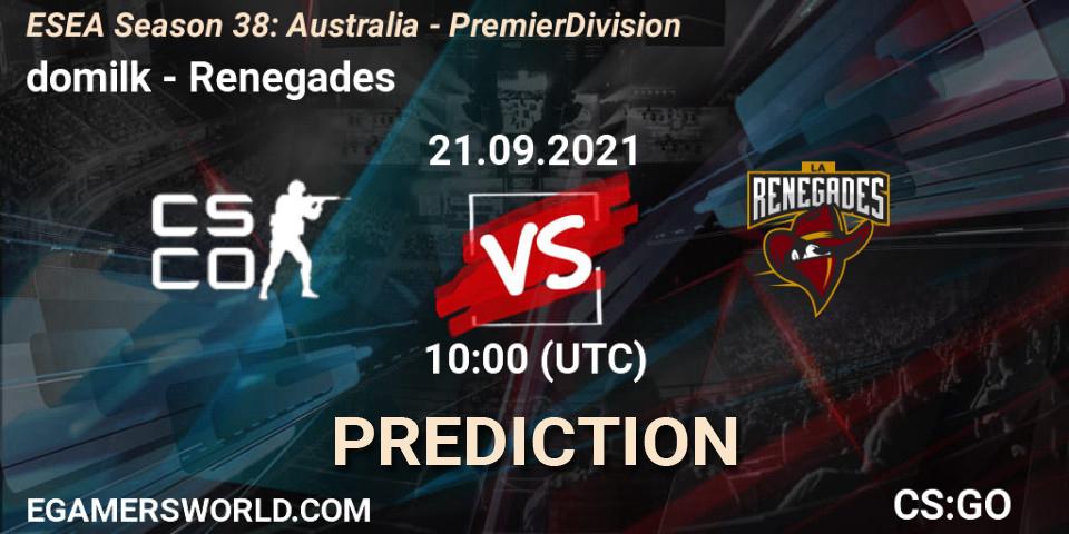 Pronósticos domilk - Renegades. 21.09.2021 at 10:00. ESEA Season 38: Australia - Premier Division - Counter-Strike (CS2)