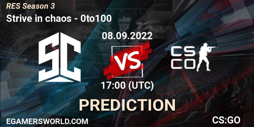 Pronósticos Strive in chaos - 0to100. 08.09.2022 at 17:00. RES Season 3 - Counter-Strike (CS2)