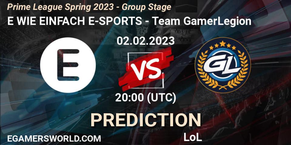 Pronósticos E WIE EINFACH E-SPORTS - Team GamerLegion. 02.02.2023 at 18:00. Prime League Spring 2023 - Group Stage - LoL