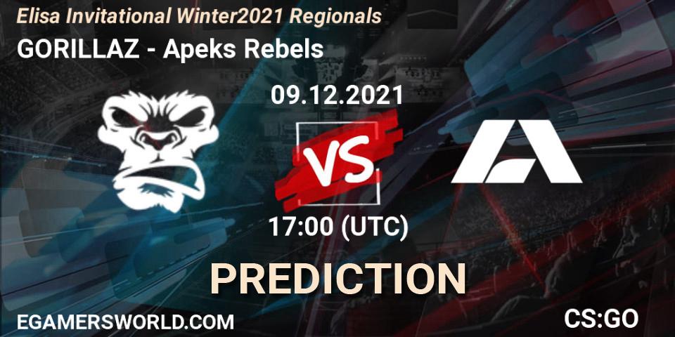 Pronósticos GORILLAZ - Apeks Rebels. 09.12.2021 at 18:05. Elisa Invitational Winter 2021 Regionals - Counter-Strike (CS2)