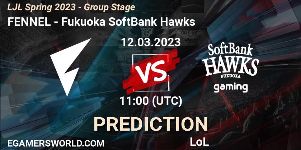 Pronósticos FENNEL - Fukuoka SoftBank Hawks. 12.03.2023 at 11:30. LJL Spring 2023 - Group Stage - LoL