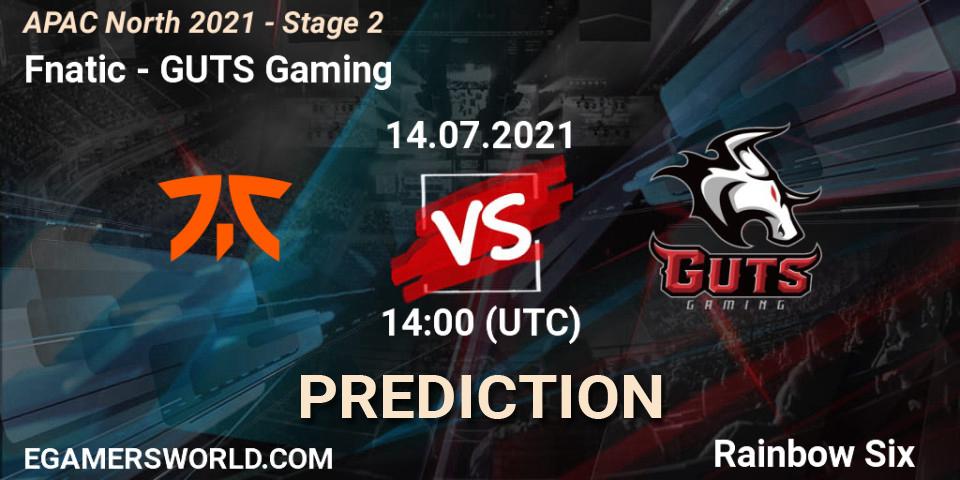 Pronósticos Fnatic - GUTS Gaming. 14.07.2021 at 13:00. APAC North 2021 - Stage 2 - Rainbow Six