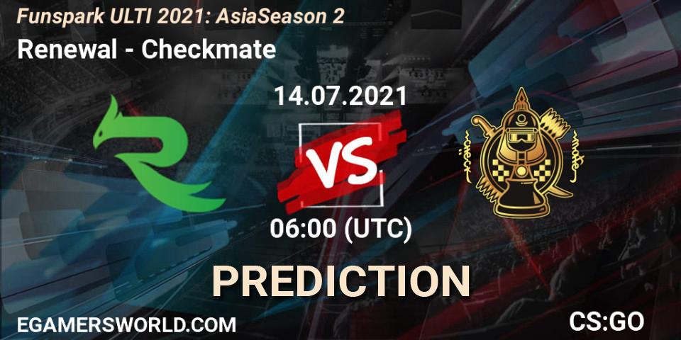 Pronósticos Renewal - Checkmate. 14.07.2021 at 06:00. Funspark ULTI 2021: Asia Season 2 - Counter-Strike (CS2)
