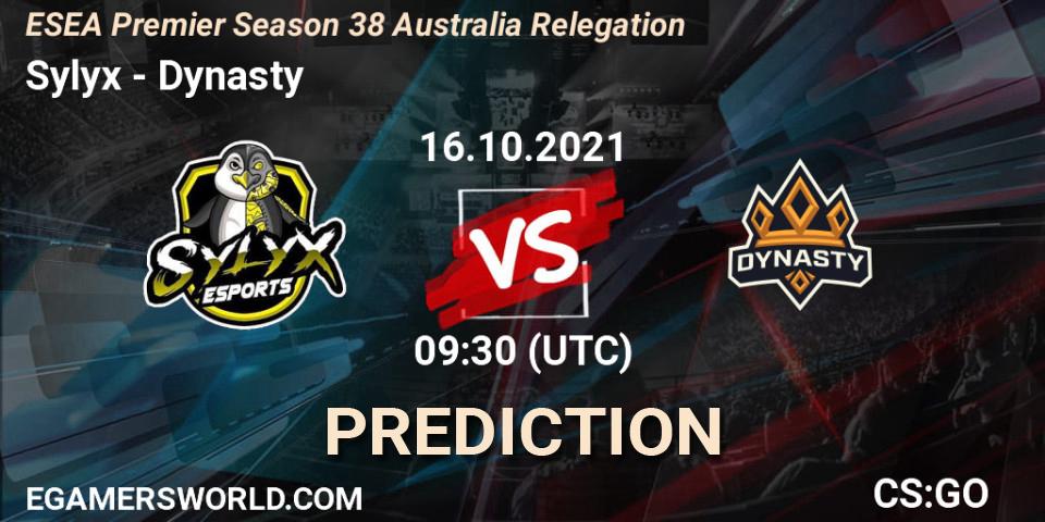Pronósticos Sylyx - Dynasty. 16.10.2021 at 09:30. ESEA Premier Season 38 Australia Relegation - Counter-Strike (CS2)