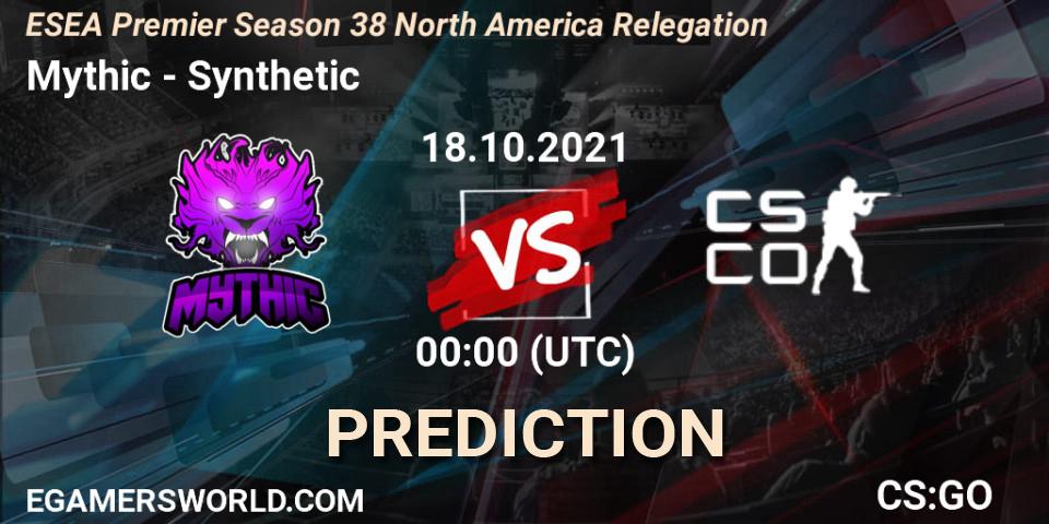Pronósticos Mythic - Synthetic. 18.10.2021 at 00:00. ESEA Premier Season 38 North America Relegation - Counter-Strike (CS2)