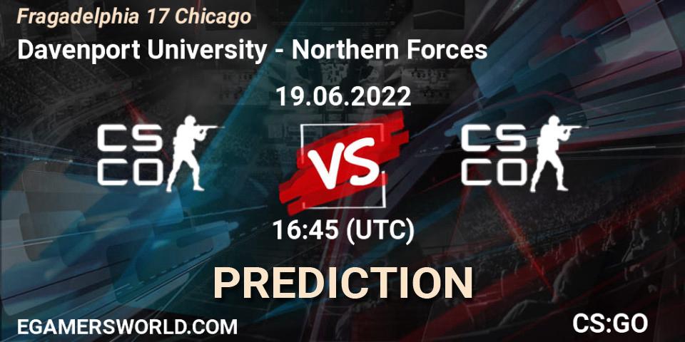 Pronósticos Davenport University - Northern Forces. 19.06.2022 at 17:00. Fragadelphia 17 Chicago - Counter-Strike (CS2)