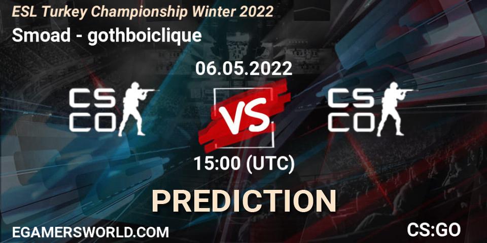 Pronósticos Smoad - gothboiclique. 06.05.2022 at 15:00. ESL Türkiye Şampiyonası: Winter 2022 - Counter-Strike (CS2)