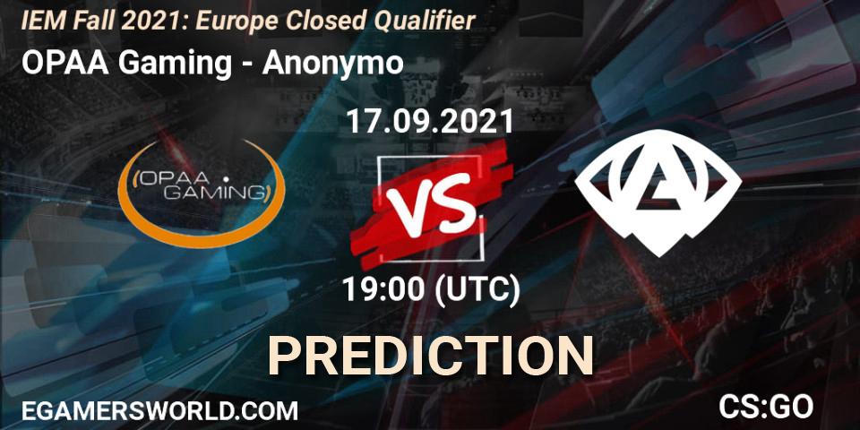Pronósticos OPAA Gaming - Anonymo. 17.09.2021 at 19:00. IEM Fall 2021: Europe Closed Qualifier - Counter-Strike (CS2)