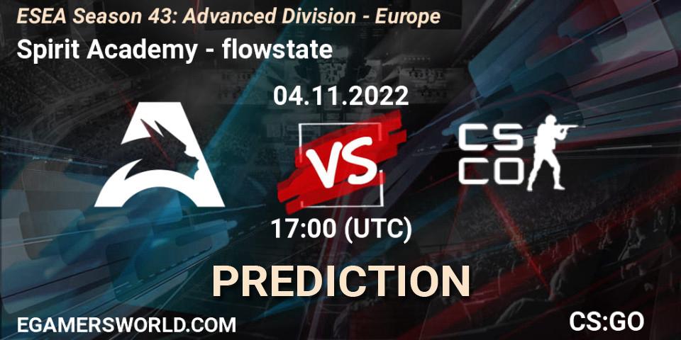 Pronósticos Spirit Academy - flowstate. 04.11.2022 at 17:00. ESEA Season 43: Advanced Division - Europe - Counter-Strike (CS2)