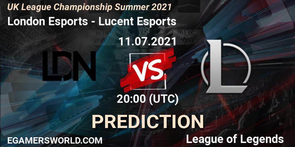 Pronósticos London Esports - Lucent Esports. 11.07.2021 at 20:10. UK League Championship Summer 2021 - LoL