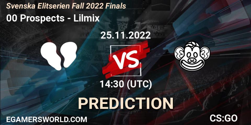 Pronósticos 00 Prospects - Lilmix. 25.11.2022 at 18:00. Svenska Elitserien Fall 2022 - Counter-Strike (CS2)