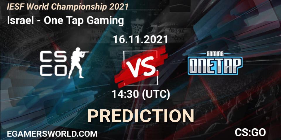 Pronósticos Team Israel - One Tap Gaming. 16.11.2021 at 14:45. IESF World Championship 2021 - Counter-Strike (CS2)