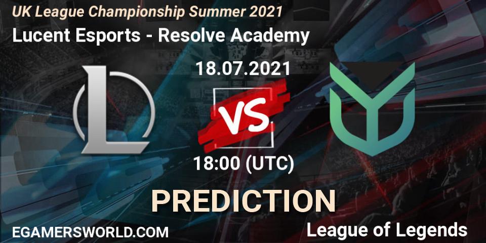 Pronósticos Lucent Esports - Resolve Academy. 18.07.2021 at 18:45. UK League Championship Summer 2021 - LoL