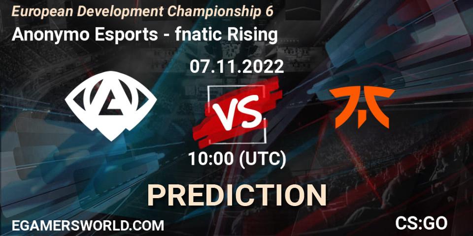 Pronósticos Anonymo Esports - fnatic Rising. 07.11.2022 at 10:00. European Development Championship Season 6 - Counter-Strike (CS2)