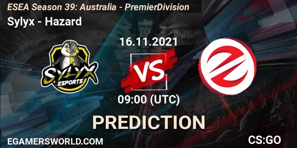 Pronósticos Sylyx - Hazard. 16.11.2021 at 09:00. ESEA Season 39: Australia - Premier Division - Counter-Strike (CS2)