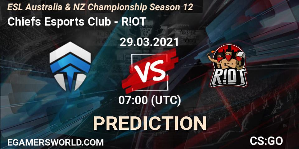 Pronósticos Chiefs Esports Club - R!OT. 29.03.2021 at 07:00. ESL Australia & NZ Championship Season 12 - Counter-Strike (CS2)