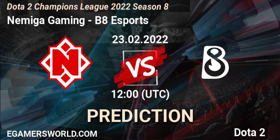 Pronósticos Nemiga Gaming - B8 Esports. 23.02.2022 at 12:00. Dota 2 Champions League 2022 Season 8 - Dota 2