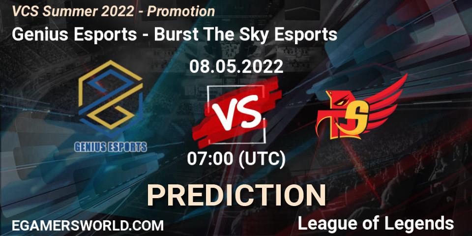 Pronósticos Genius Esports - Burst The Sky Esports. 08.05.2022 at 07:00. VCS Summer 2022 - Promotion - LoL