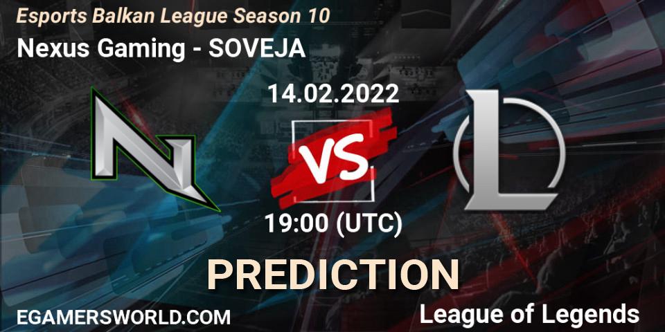 Pronósticos Nexus Gaming - SOVEJA. 14.02.2022 at 19:00. Esports Balkan League Season 10 - LoL