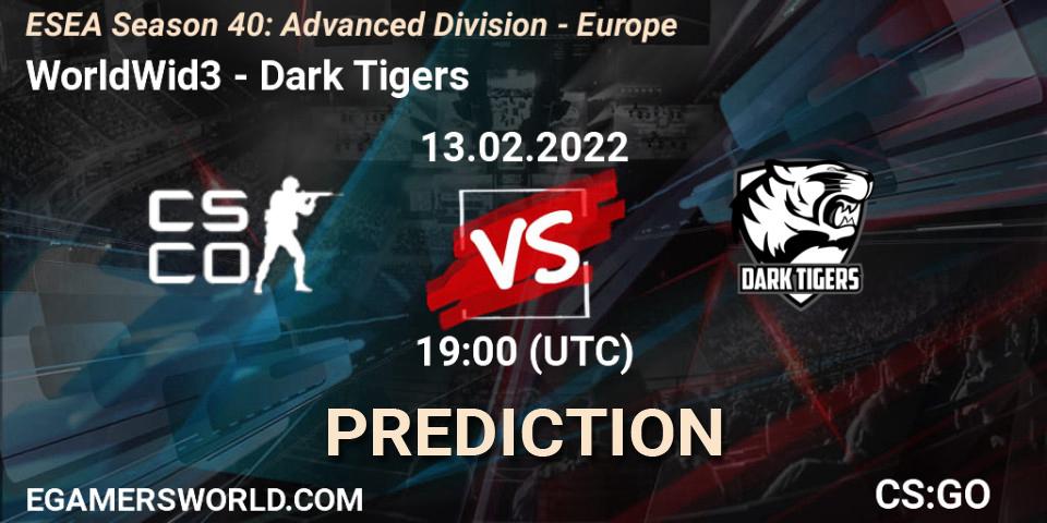 Pronósticos WorldWid3 - Dark Tigers. 13.02.2022 at 19:00. ESEA Season 40: Advanced Division - Europe - Counter-Strike (CS2)