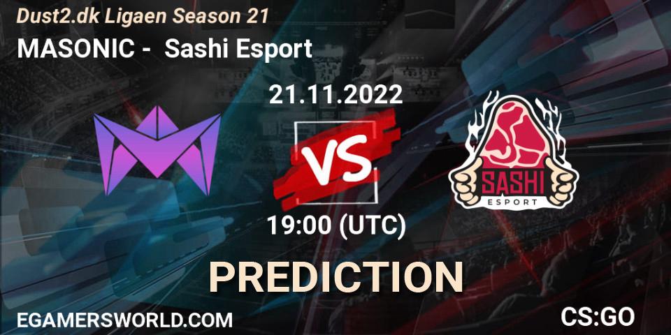 Pronósticos MASONIC - Sashi Esport. 21.11.2022 at 19:00. Dust2.dk Ligaen Season 21 - Counter-Strike (CS2)