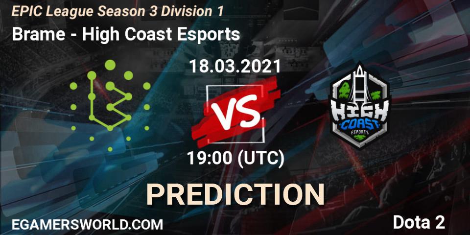 Pronósticos Brame - High Coast Esports. 18.03.2021 at 19:01. EPIC League Season 3 Division 1 - Dota 2