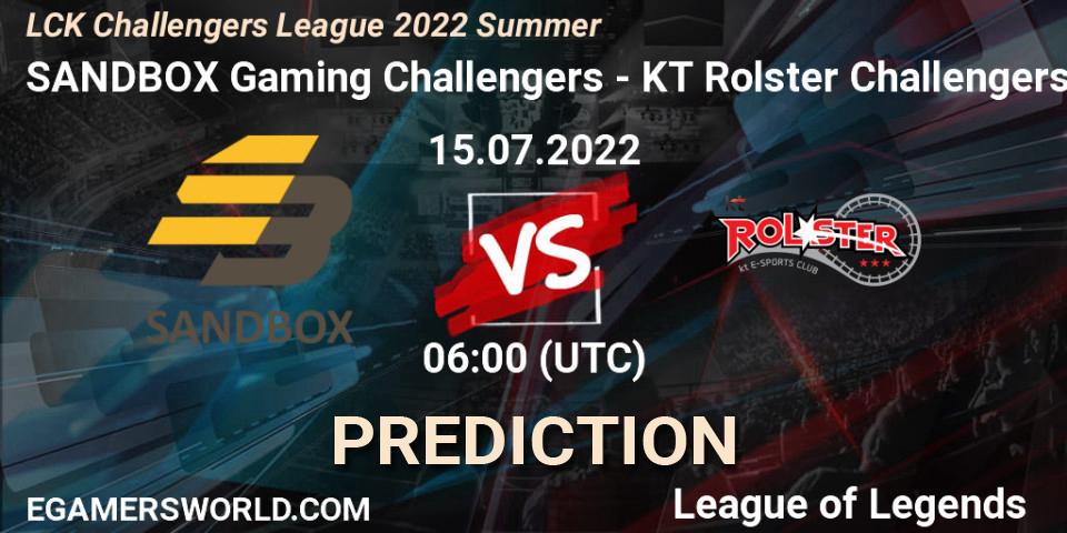 Pronósticos SANDBOX Gaming Challengers - KT Rolster Challengers. 15.07.2022 at 06:00. LCK Challengers League 2022 Summer - LoL