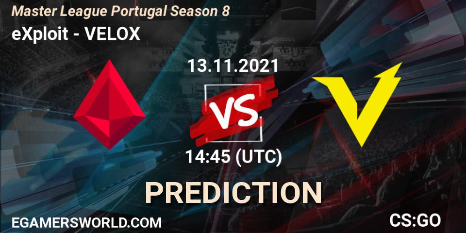 Pronósticos eXploit - VELOX. 13.11.2021 at 14:45. Master League Portugal Season 8 - Counter-Strike (CS2)