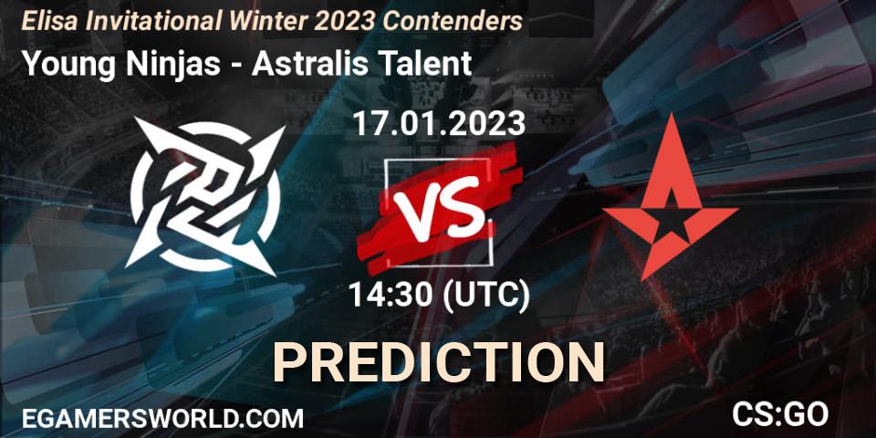 Pronósticos Young Ninjas - Astralis Talent. 17.01.2023 at 14:30. Elisa Invitational Winter 2023 Contenders - Counter-Strike (CS2)