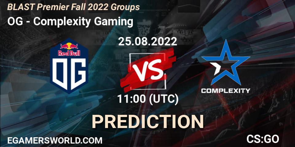 Pronósticos OG - Complexity Gaming. 25.08.2022 at 11:00. BLAST Premier Fall 2022 Groups - Counter-Strike (CS2)