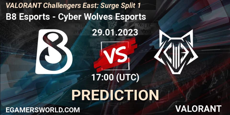 Pronósticos B8 Esports - Cyber Wolves Esports. 29.01.23. VALORANT Challengers 2023 East: Surge Split 1 - VALORANT